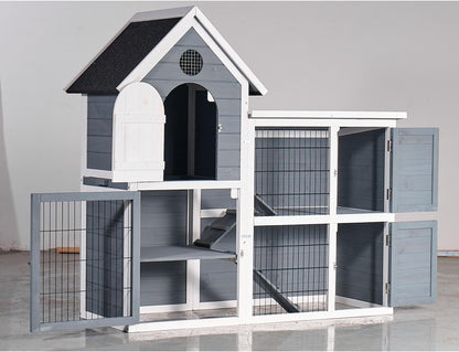 Large Outdoor Chicken Coop Cage Weather-Resistant 2-Story Wooden Pet House with No-Leak Tray Indoor/Outdoor Rabbit Hutch Grey & Beige Gray+White