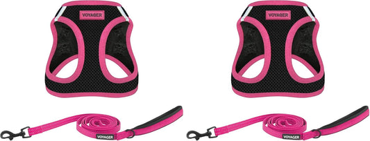 Voyager Step-in Air All Weather Mesh Harness & Reflective Dog 5 ft Leash Combo, Neoprene Handle for Small, Medium, Large Breed Puppies by Best Pet Supplies - Leash Harness (Black/Pink Trim), L