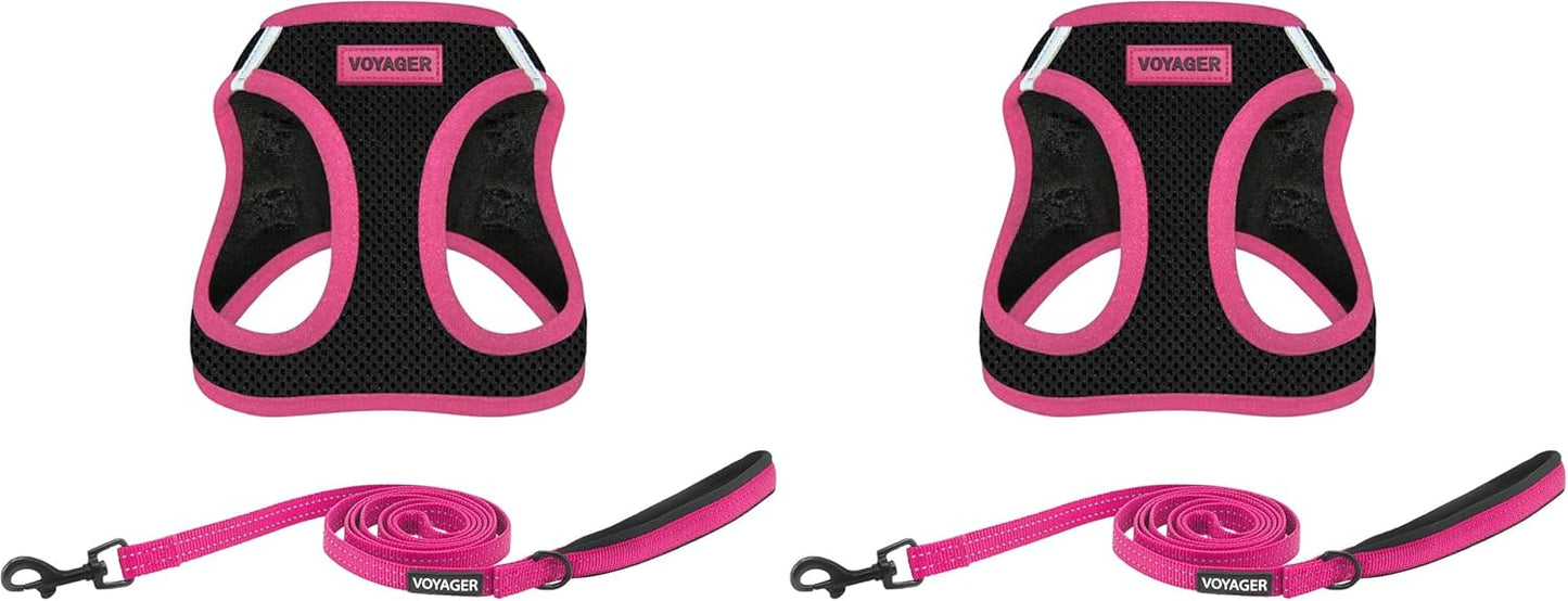 Voyager Step-in Air All Weather Mesh Harness & Reflective Dog 5 ft Leash Combo, Neoprene Handle for Small, Medium, Large Breed Puppies by Best Pet Supplies - Leash Harness (Black/Pink Trim), L