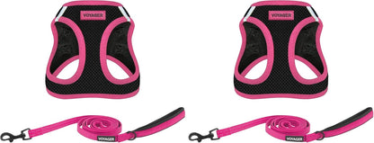 Voyager Step-in Air All Weather Mesh Harness & Reflective Dog 5 ft Leash Combo, Neoprene Handle for Small, Medium, Large Breed Puppies by Best Pet Supplies - Leash Harness (Black/Pink Trim), L