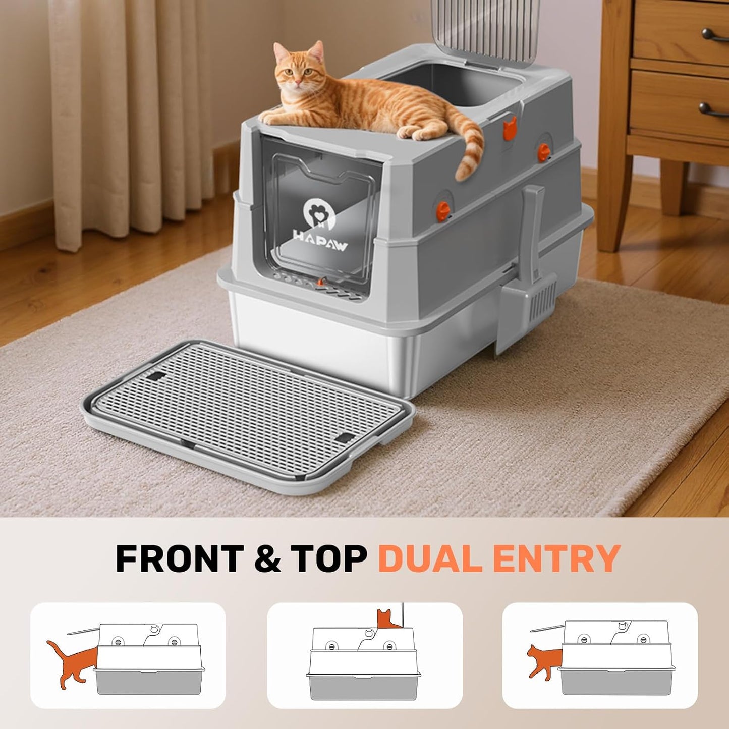 Stainless Steel Litter Box with Lid, Anti-Leakage Enclosed Metal Litter Box, Flip-Top Extra Large Kitty Litter Pan with Scoop & Pedal, Odor Free, Front & Top Dual Entry, Light Gray