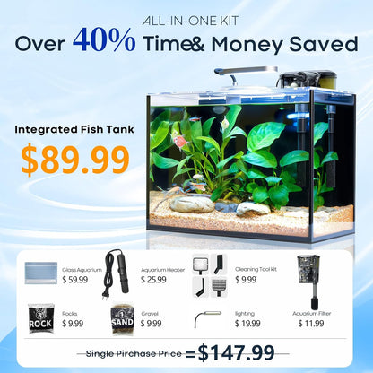 5 Gallon Small Aquarium Set Glass Fish Tank 6 Gallon, Starter Kit with Heater Water Pump Cleaning System Filter Bright Light Rocks Gravel Cleaning Tool, Leak-Proof Clear Rimless Betta Plants