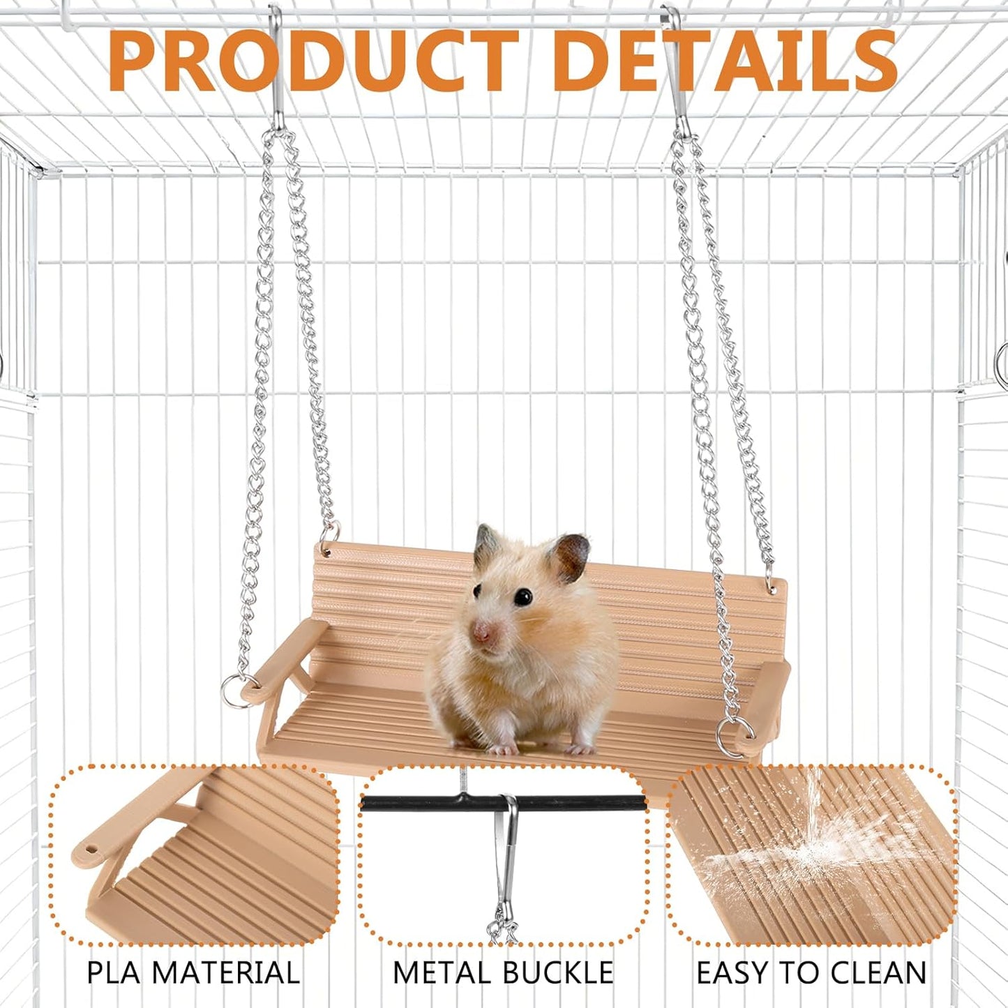 Wooden Chinchilla Hammock with Metal Hooks, Indoor Cage Bench Swing,Hanging Rest Stand & Exercise Toy, Small Animal Cage Accessories for Chinchillas, Rabbits, Guinea Pigs