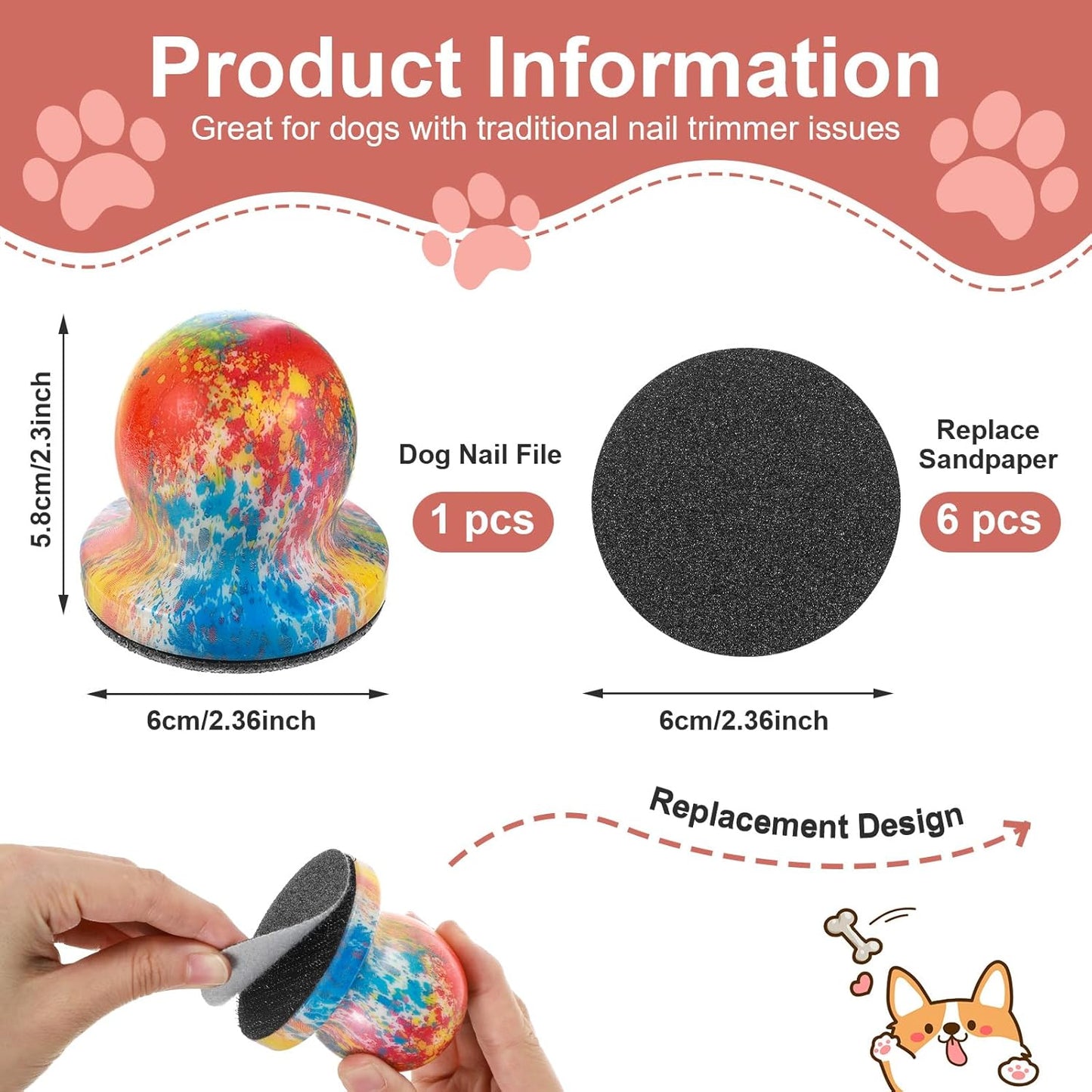 Dog Nail File with 6Pcs Replaceable Filing Disc, Dog Scratch Board for Safe and Easy Nail Care, Dog Nail Scratch Board Ensures Smooth and Healthy Nails for Dogs and Cats (Colorful)