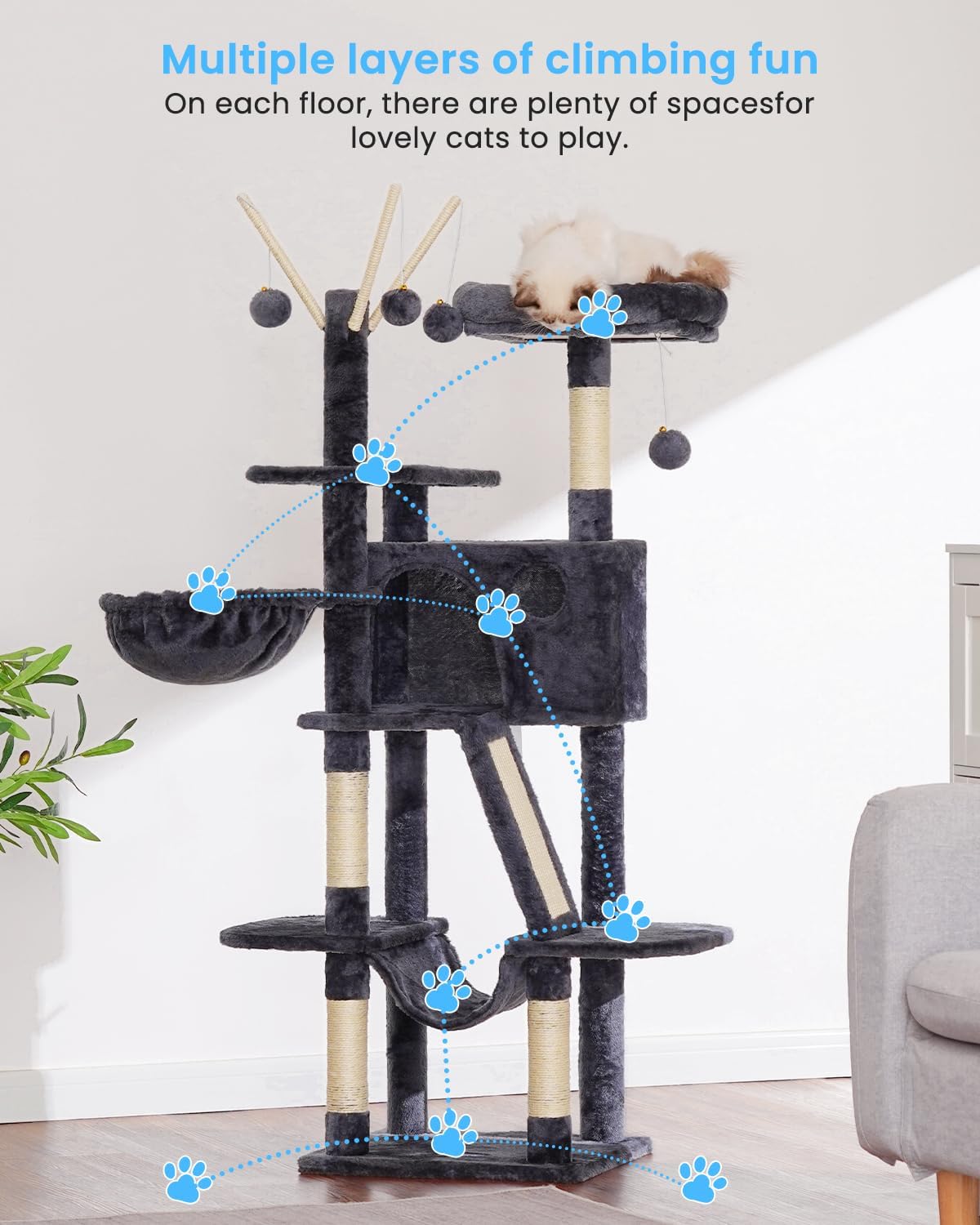 Hey-brother Cat Tree, 53 inch Cat Tower for Indoor Cats, Cat House with Padded Platform Bed, Toy Balls, Large Cozy Condo, Hammocks and Sisal Scratching Posts, Smoky Gray MPJ019-SG