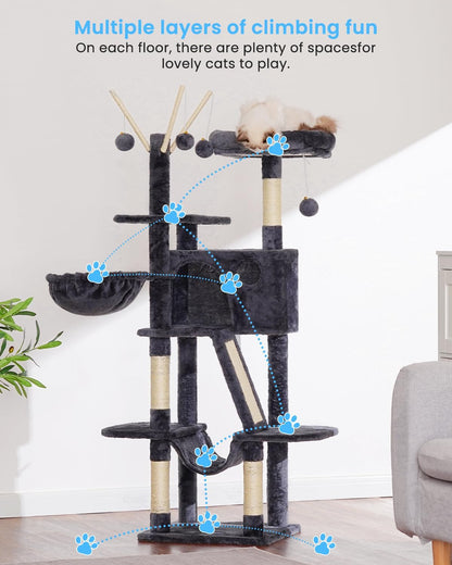Hey-brother Cat Tree, 53 inch Cat Tower for Indoor Cats, Cat House with Padded Platform Bed, Toy Balls, Large Cozy Condo, Hammocks and Sisal Scratching Posts, Smoky Gray MPJ019-SG
