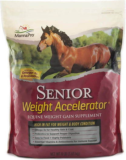 Manna Pro Weight Accelerator for Senior Horses – Weight Gain and Muscle Support Supplement with Omega 3 Fatty Acids and Flaxseed – High-Calorie Feed Topper for Horses – 8 lb Bag