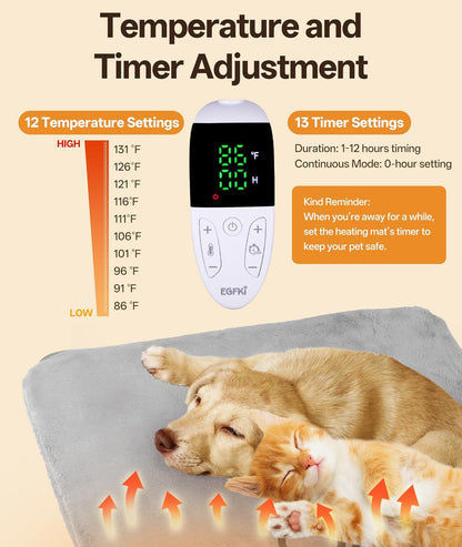 Ringco Large Dog Heating Pad with 12 Adjustable Temperature, Waterproof & Chew Resistant Pet Heating Pad with Timer, Heated Dog Bed with Fleecy Cover (L: 32” x 20”)