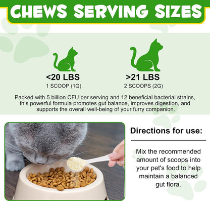 Cat Probiotic Powder with Prebiotics - 5 Billion CFU & 12 Strains to Treat Diarrhea, Vomiting, Digestive Support & Immunity Health