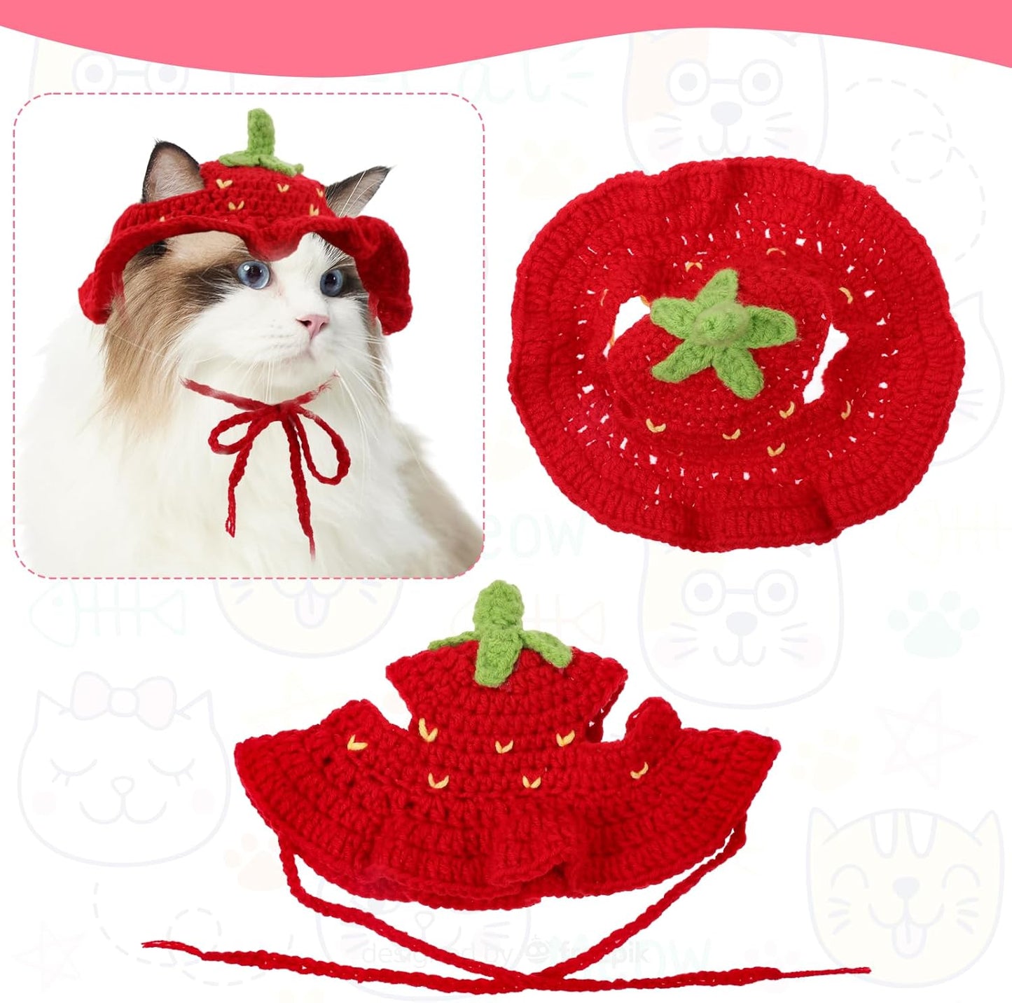 Strawberry Cat Hat, Cotton & Soft Cute Knitted Hats for Cats Birthday Party Christmas Puppy Hat for Small Pets (Red, M)