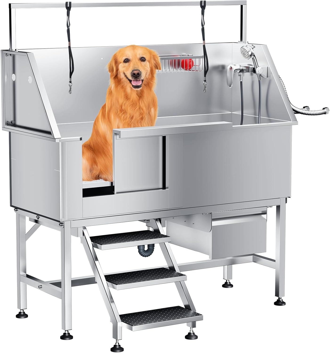 Dog Washing Station 46"" Dog Grooming Tub with Right Stair& Faucet, Dog Bathtub for Large,Medium,Small Pets, Stainless Steel Dog Bathing Station for Home (Left Door)