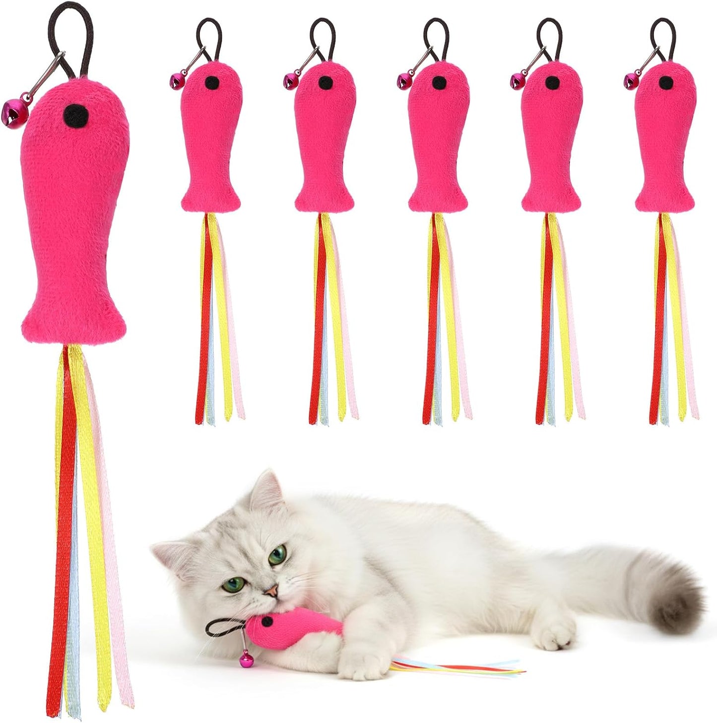 5 PCS Fish and Mice Catnip Toys Plush Filled, Cat Toys Pink Fish Catnip Toy for Cats Flopping Cats Fishs Toy Filled Soft Plush, Premium CatWandToy Accessories with Ribbons for Indoor CatKitten Play