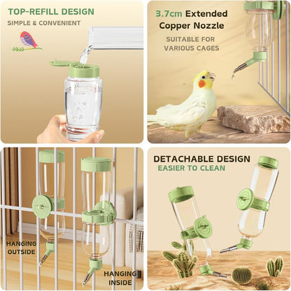 Bird Feeder Water Dispenser Set, Automatic Cage Feeder with Perch for Parakeet Canary Cockatiel Finch Budgie (Green)