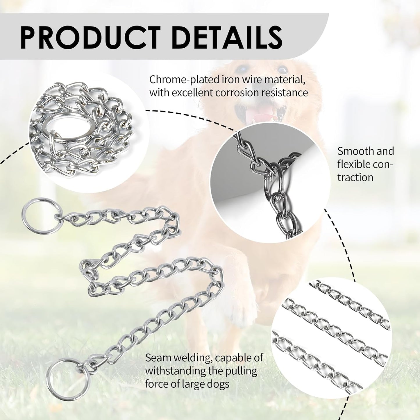 Dog Chain Collar, Stainless Steel Choker Collar with Slip Link Design, Heavy Duty Metal Training for Small Medium Large Breed Dogs Training and Walking Silver 20 Inch Max Neck Size
