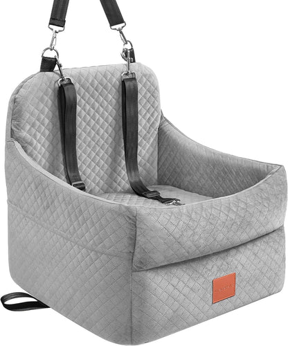 Dog Car Seat for Small/Medium Dogs Under 35lbs, Memory Foam Dog Booster Seats with Washable Removable Cover, Portable Travel-Safe Bed with 2 Safety Belts and Storage Pockets (Grey, Medium)