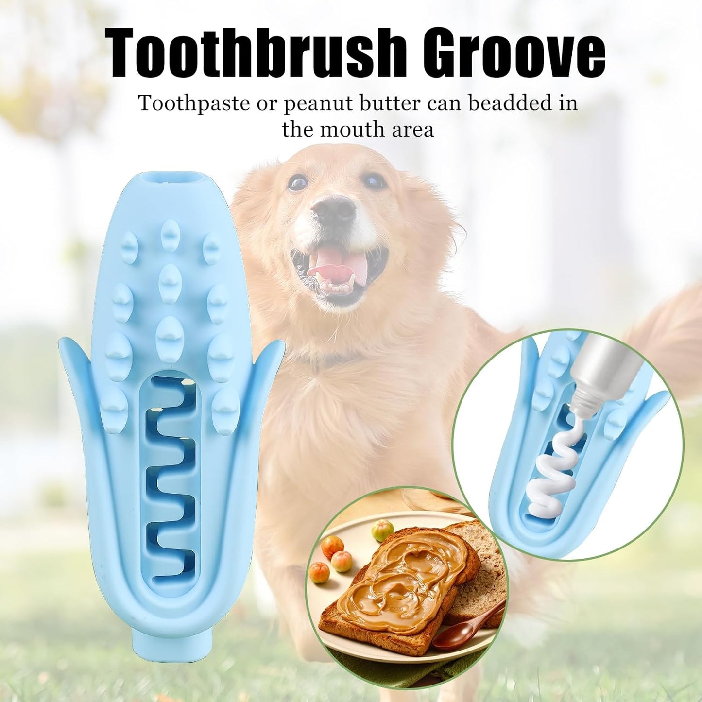 Dog Toothbrush Chew Toy Set, Corn-Shaped Dental Stick & Squeaky Ball for Small, Medium & Large Dogs, Teeth Cleaning, Chew Training, Stress Relief & Interactive Play (Blue)