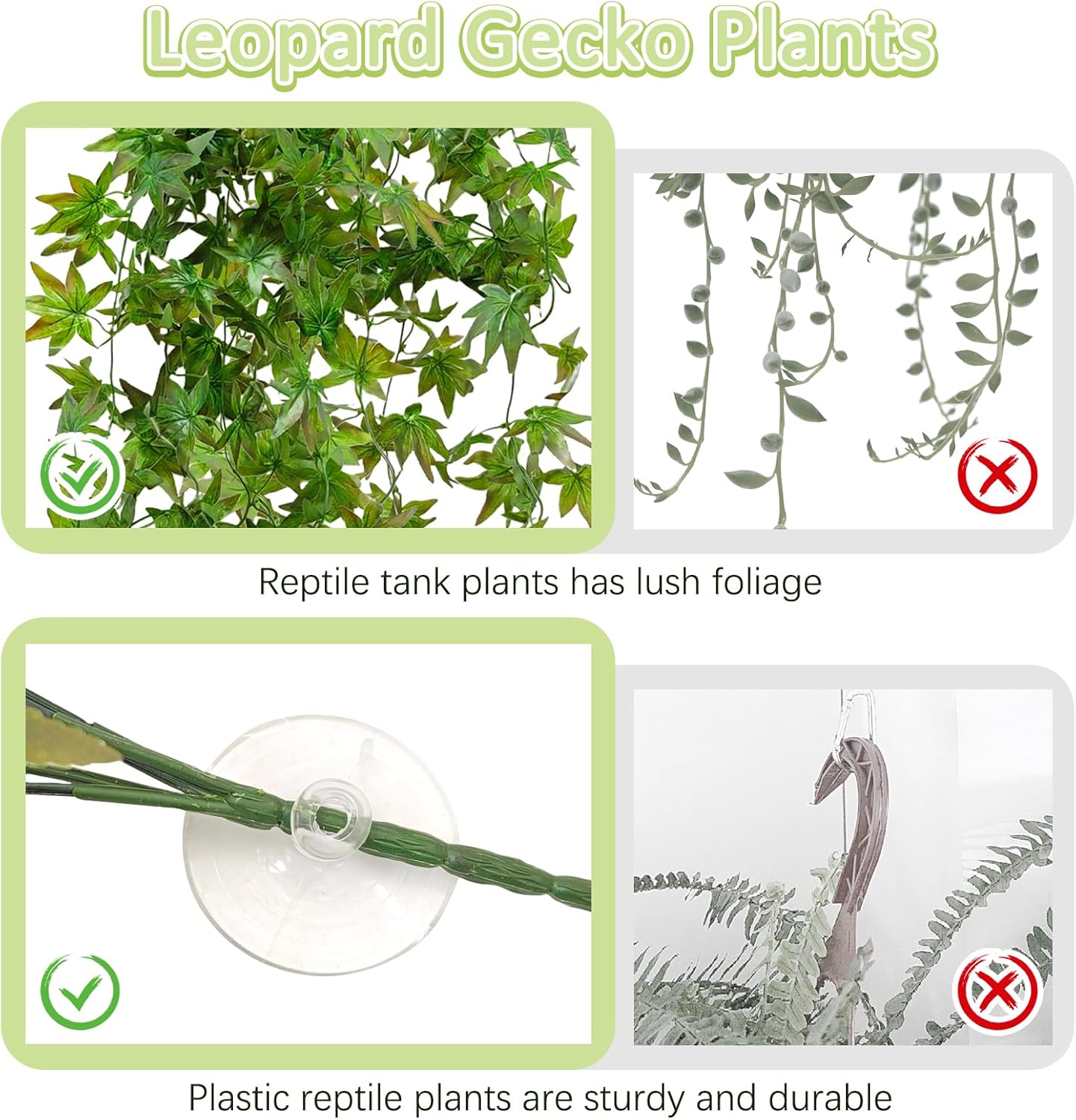 BNOSDM Reptile Plants Habitat Decorations with Suction Cup Terrarium Hanging Plant Bearded Dragon Tank Accessories Artificial Leaves Reptile Hide for Lizard Snake Leopard Gecko Chameleon (Green)