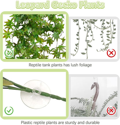 BNOSDM Reptile Plants Habitat Decorations with Suction Cup Terrarium Hanging Plant Bearded Dragon Tank Accessories Artificial Leaves Reptile Hide for Lizard Snake Leopard Gecko Chameleon (Green)