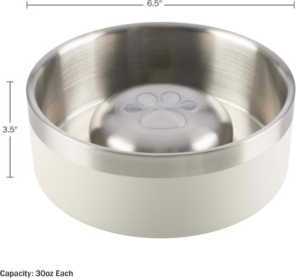 Set of 2 Stainless Steel Slow Feeder Dog Bowls - 30oz Double Wall Insulated Food and Water Bowls for Dogs - Non Slip Metal Pet Dishes for Small-Medium Sized Pets PETMAKER (Cream)