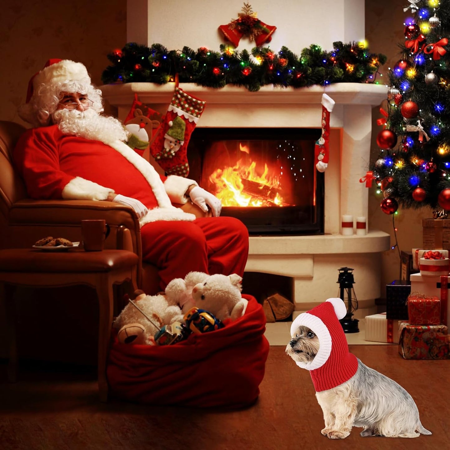 NACOCO Christmas Dog Hat Crocheted Snood Funny Pet Cap with Pompon Red Green Warm Winter Dog Hat Knit Snood Headwear for Pets & Women & Men (Red, S)