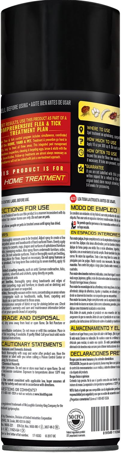 Black Flag Flea & Tick Killer for Upholstery & Pet Bedding Aerosol, 16-Ounce, 12-Pack