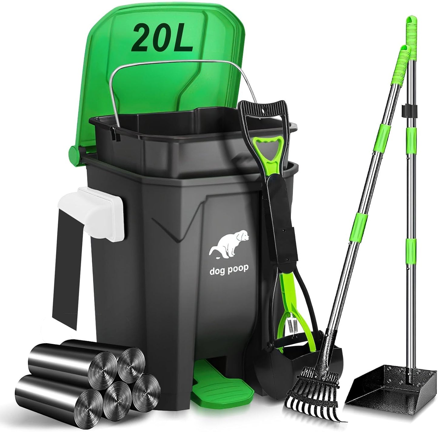 Dog Poop Trash Can Outside with Pooper Scooper and Metal Rake & Tray, 20L/5Gal Dog Waste Trash Can with Lid, Pedal and Removable Inner Waste Bin, Pet Poop Bin with 100 Bags, Green
