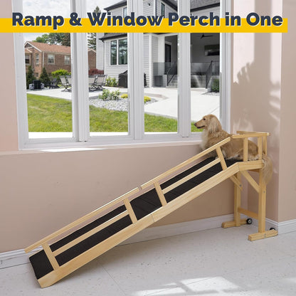 Dog Ramp for Bed or Couch, Wooden Pet Ramp with 20° Gentle Slope, Removable Side Rails, Non-Slip Surface, Top Platform & Wheels, Safe Bed Ramp for Small, Medium & Senior Dogs, 74" Long, Natural