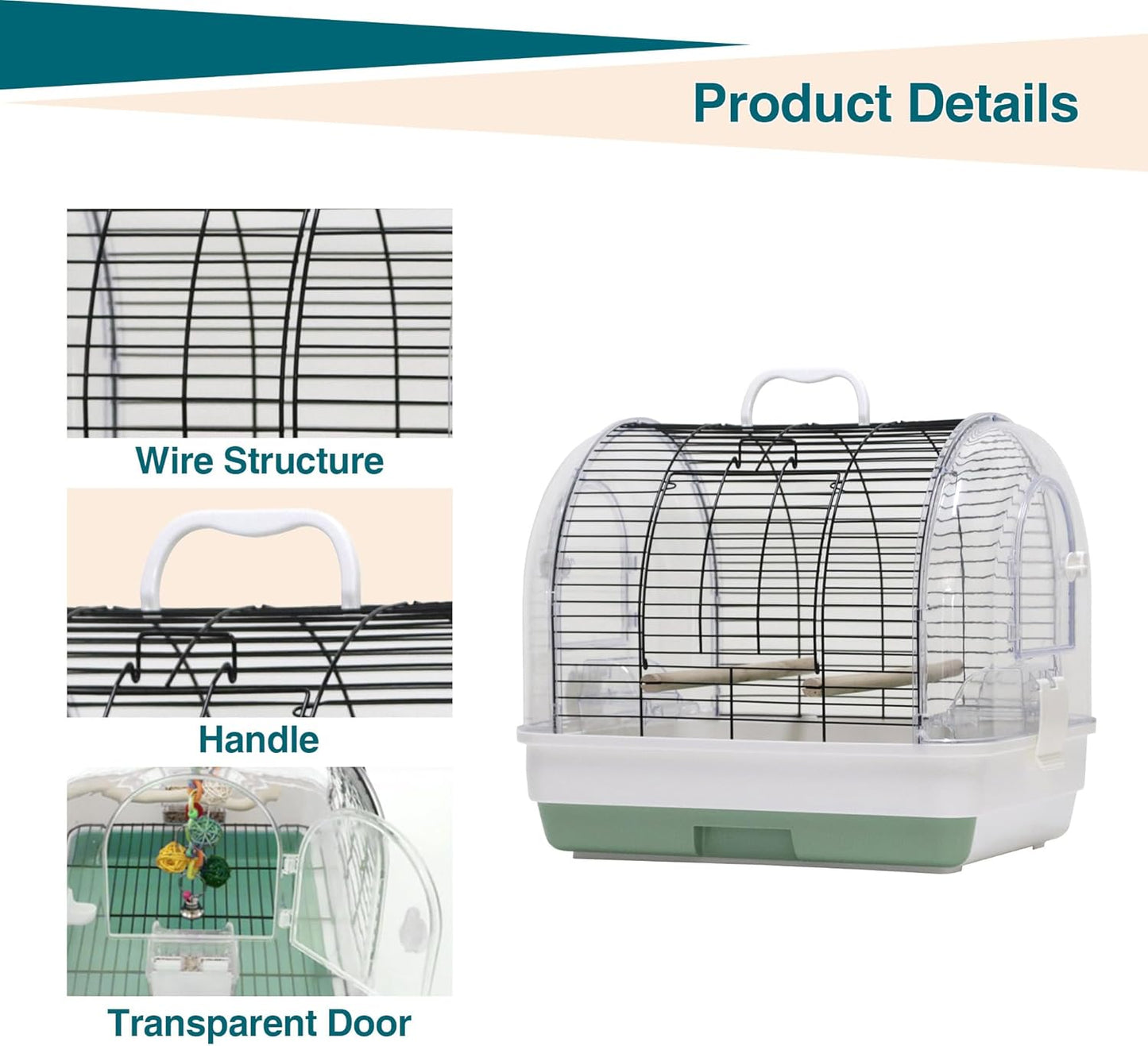 Portable Bird Cage Carrier for Small to Medium Birds,Secure Multi-Access Locking Doors, Easy-to-Clean Slide-Out Tray, and Natural Wood Perches with Transparent Feeders