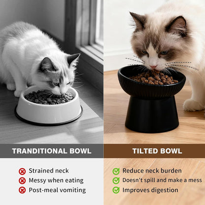 Elevated Cat Food Bowl, Ceramic Raised and Tilted Water Bowl, Whisker Fatigue Cat Bowls for Indoor Cats, Anti Vomiting and Protect Spines Pet Feeding Dishes for Kittens Small Dog, Heavy Non-Slip Base