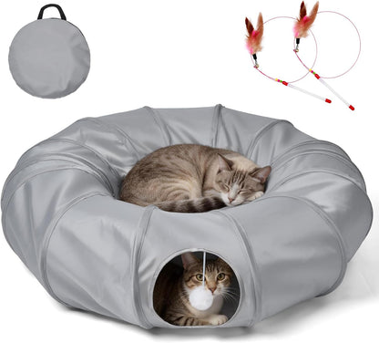 Odoland Cat Play Tunnel with Bed - Indoor Kitten Couch, Detachable Cats Cave Donut Tunnel & Interactive Cats Toys for Indoor Cat Puppy Rabbit and Ferret Grey