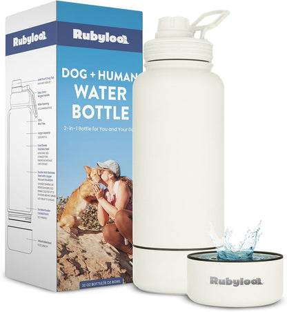 rubyloo Dog Mom Essentials Bundle - Puffer Tote with Storage Containers (Black) and 32 oz Water Bottle with Detachable Bowl (Solid Cream) - Travel Bag and Hydration Set