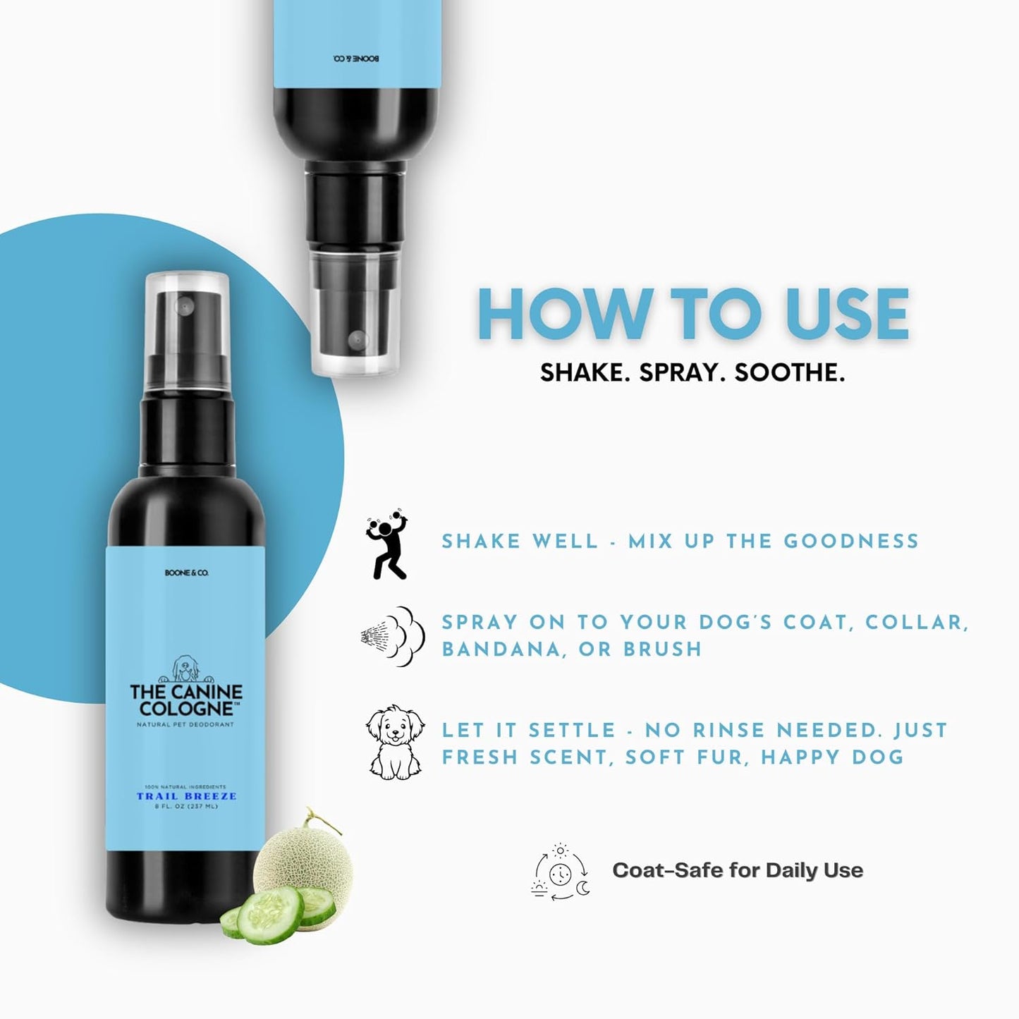 Boone & Co. Canine Cologne Spray for Dogs – 8 oz | Pet-Safe Dog Deodorizer & Grooming Spray | Clean Ingredients, Long-Lasting Scent | Made in USA | 3 Signature Scents (Trail Breeze)