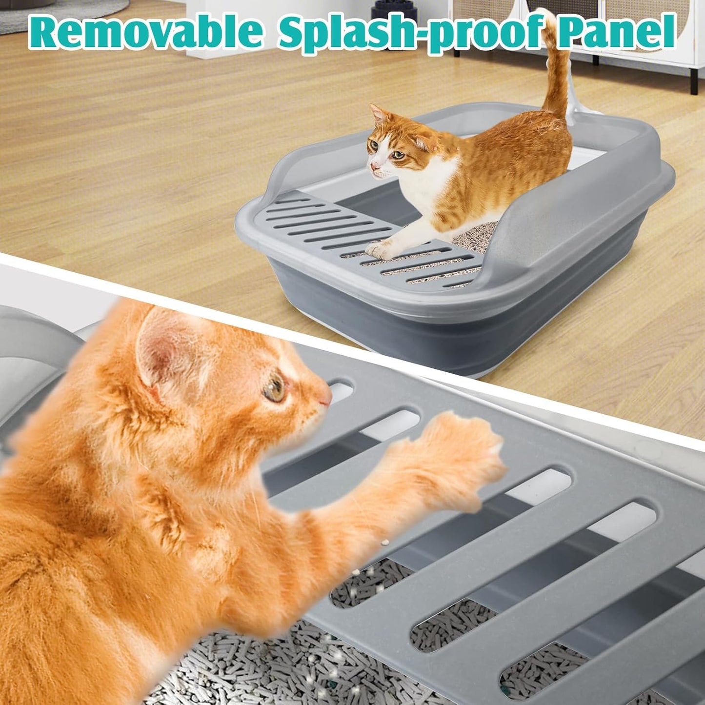 VCEPJH Collapsible Litterbox with High Sides Small Cats Litter Pan with Scoop Open Cat Litter Box Portable Travel Kittens Toilet Kitten Starter Kit for Kittens Adult and Elderly Cats (Grey)