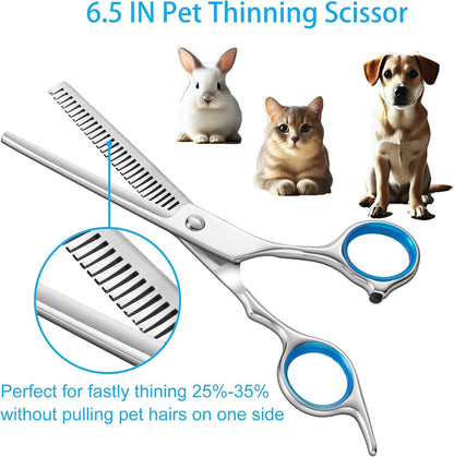 5 in 1 Upgraded Thicken Dog Grooming Scissors, Professional Dog Scissors for Grooming with Safety Round Tips, Lengnoyp Stainless Steel Thinning Shears, Pet Cat Shears for Grooming Kit