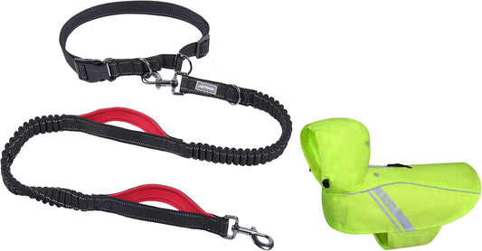 VIVAGLORY Hands Free Dog Leash + Dog Raincoat, Rain Jacket with Harness Hole & Hood, Waist Leash with Soft Padded Handle for Training