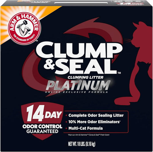 ARM & HAMMER Clump & Seal Platinum Cat Litter, Multi-Cat, 14-Day Odor Control, Rock-Hard Clumps, 18 lbs – Powerful Odor Eliminator with Baking Soda