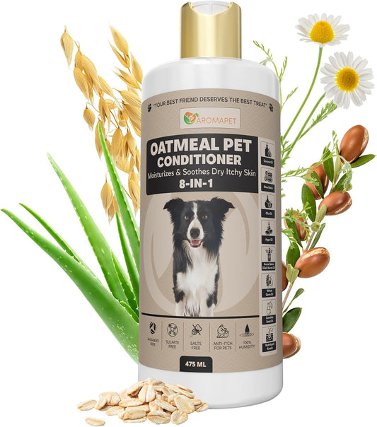 8-in-1 Oatmeal Dog Conditioner Moisturizing Conditioner for Dogs with Oat Oil, Shea Butter, Coconut Oil & Argan Oil, Hypoallergenic Dog Conditioner for Itchy Skin & Dry Coats, 475mL