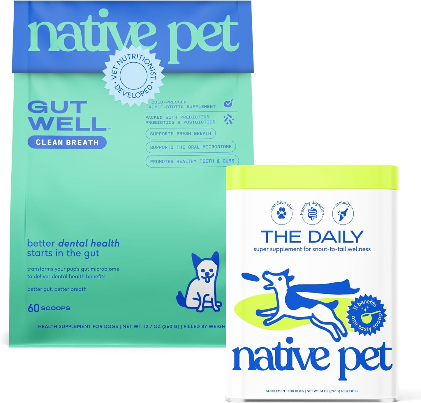 Native Pet Fresh Breath & Multivitamin Bundle: GutWell Clean Breath - Dog Breath Freshener & Dog Vitamins & Supplements - 11-in-1 Multivitamin Powder Food Topper for Overall Health - 60 Scoops