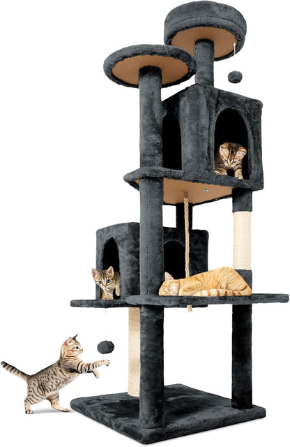 58.5inch Large Cat Tree Tower Condo for Indoor Cats, Soft Plush Multi-Level Climbing Tree Cat House with 1 360° Rotating Cat Cave, Scratching Post, More Entrance/Exit, Sisal Rope, Grey Black