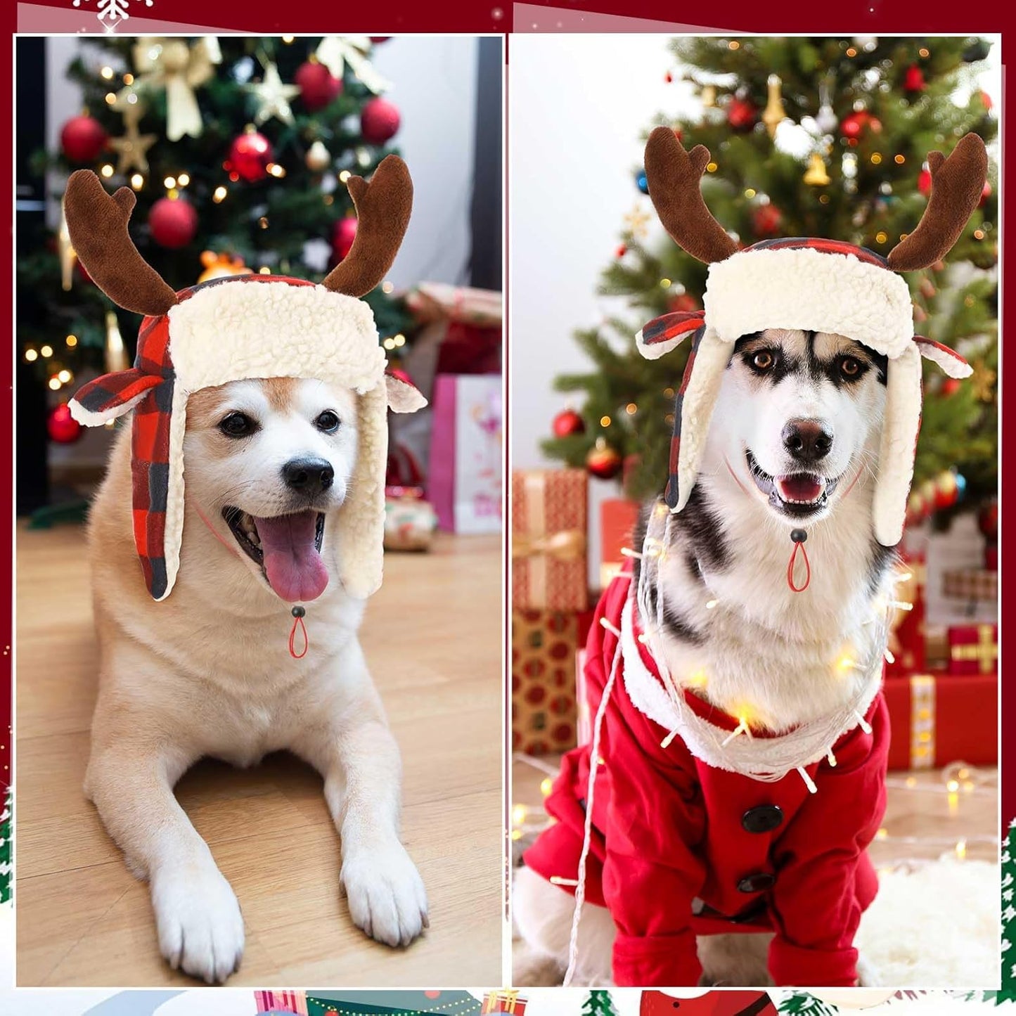 2 Pcs Christmas Antler Check Dog Santa Hat Adjustable Pet Red Plaid Pet Cap Xmas Antler Dog Hats for Small Medium Large Dogs(L)