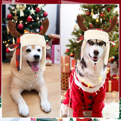 2 Pcs Christmas Antler Check Dog Santa Hat Adjustable Pet Red Plaid Pet Cap Xmas Antler Dog Hats for Small Medium Large Dogs(L)