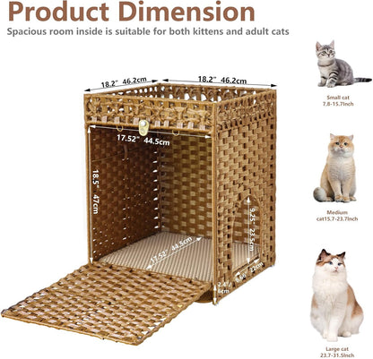 KOUSEI Handwoven Rattan Cat Litter Box Enclosure Furniture - Hidden Indoor Pet House with Door & Mat, Discreet Washroom Cabinet for Living Room and Bedroom, Natural