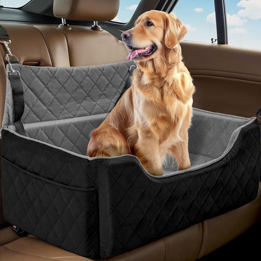 Dog Car Seat for Large/Medium Dogs, Dog Booster Seat for Under 50lbs or 2 Small Dogs, Non-Slip Removable and Washable Pet Car Seat,2 Safety Leashes, Travel Pet Bed, Black