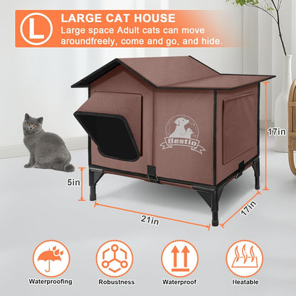 Large Heated Cat House for Outside 21x17x17 in with Elevated Base Cat-Attracting Eave Design Feral Stray Shelter,Intelligent Controller and Waterproof Cat Heated House Shelter for Outdoor