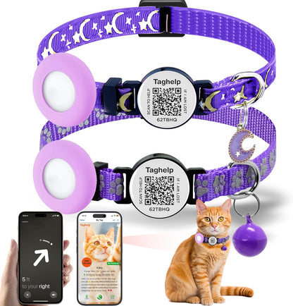 2PCS Breakaway Cat Collars with Bell Cute Star &Moon Safe Kitten Collars with Pendant Glow in The Dark,Airtag Holder Cat Collar with Smart ID tag & QR Code Reflective for GPS Boy Girl Cats (Purple)