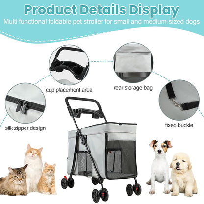 Dog Stroller with 360-Degree Wheels, Foldable Pet Cart for Small/Medium Dogs, 5 Ventilation Windows, Removable Tray, Outdoor Travel Pet Carrier