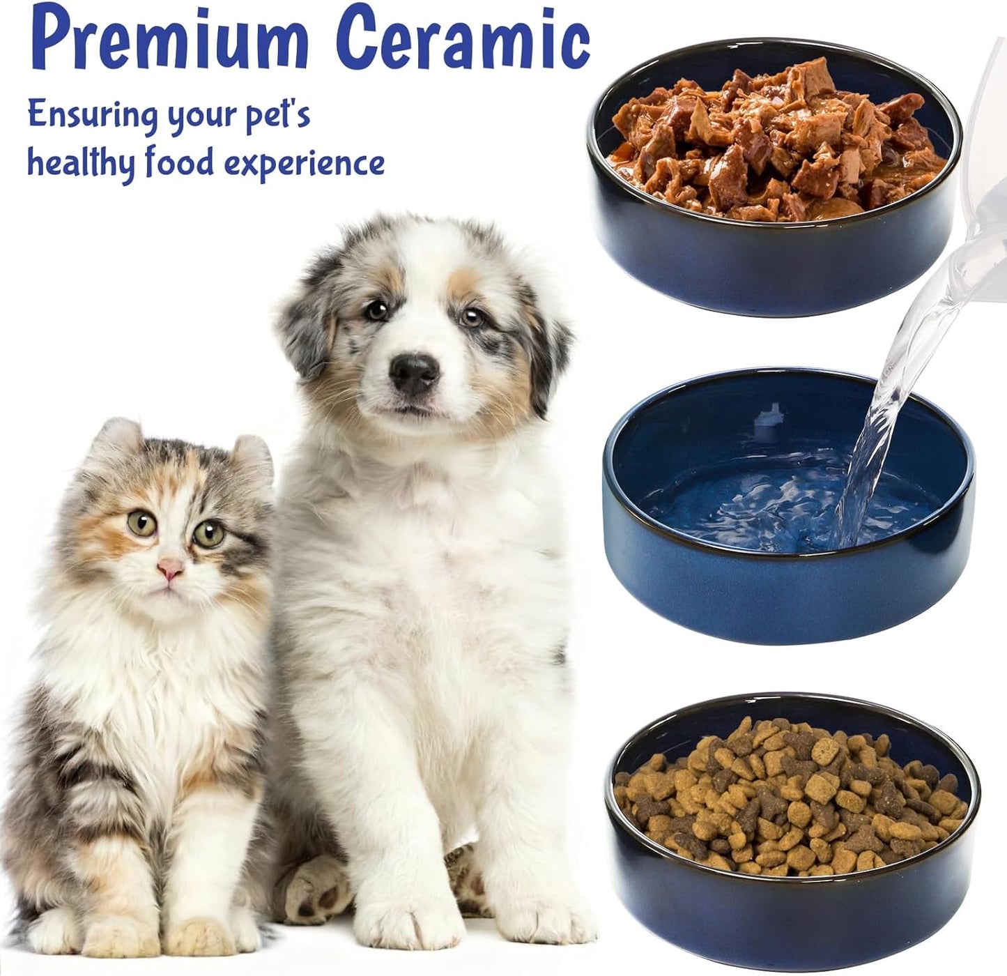 SOUJOY Ceramic Dog Cat Bowls Set with Stand, Non-Slip Elevated Small Dog Bowls, 2 Cups Slow Feeder Bowl Set, Dual Food and Water Bowls for Small Sized Dog, Puppy, Cat (6.1 in/17 oz)