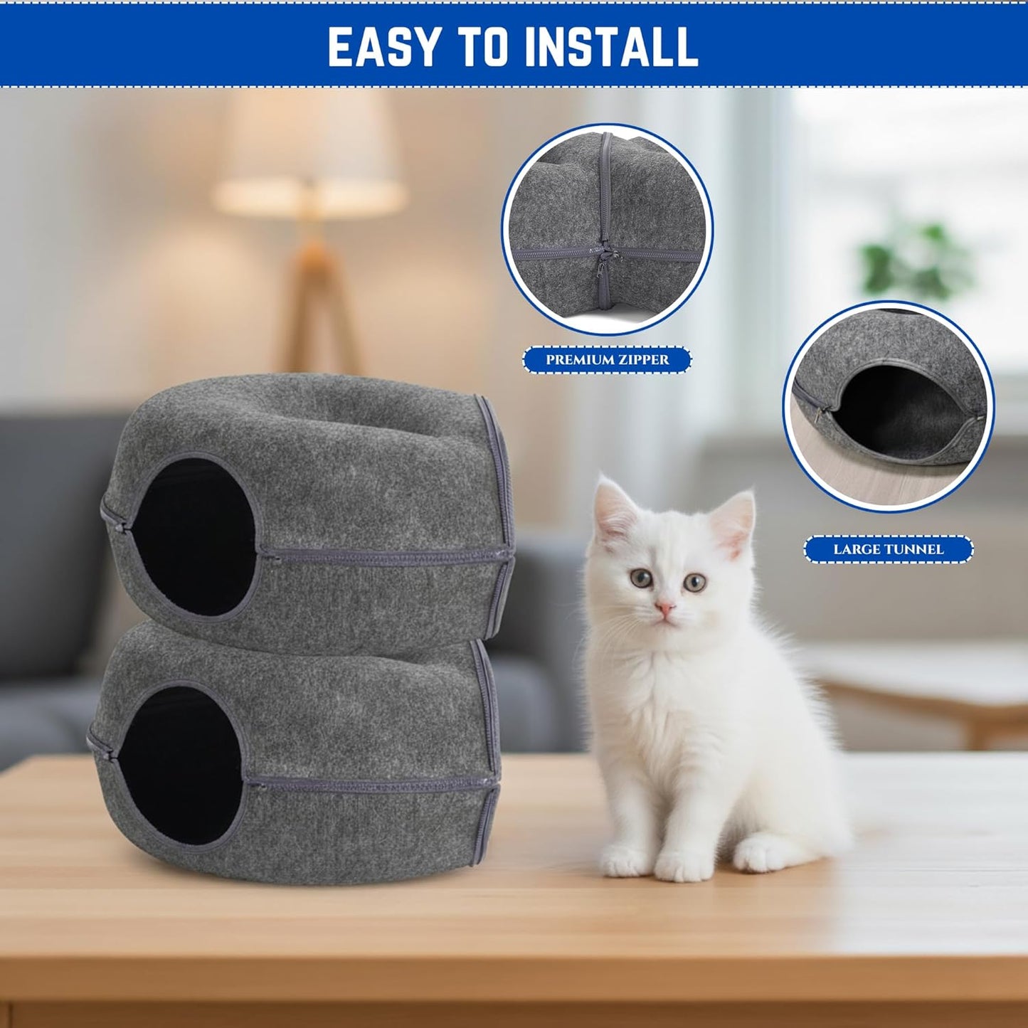 Trivon Peekaboo Cat Cave & Tunnel Bed for Large Cats up to 45lbs, Cozy Indoor 8-Shaped Donut Hideaway Bed with 12 Toy Balls, Bonus Bird Toy and Toy Gun, Scratch-Resistant, Detachable & Washable Design