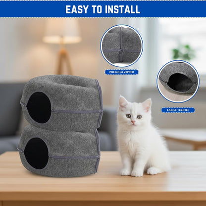 Trivon Peekaboo Cat Cave & Tunnel Bed for Large Cats up to 45lbs, Cozy Indoor 8-Shaped Donut Hideaway Bed with 12 Toy Balls, Bonus Bird Toy and Toy Gun, Scratch-Resistant, Detachable & Washable Design