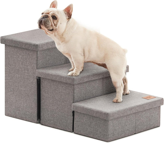 Love's cabin Dog Stairs for High Bed 18"H,Foldable Pet Stairs for Small Medium or Large Dogs Puppy with Storage for Bed or Couch, Cat Dog Steps Ramp with Zip up to 200 lbs(Solid Grey,3 Steps no Condo)